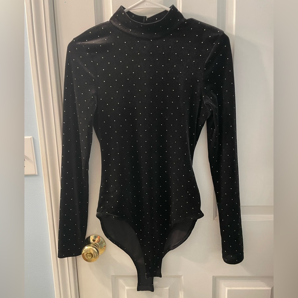 Black Velvet Long-Sleeve Body Suit with Rhinestones
